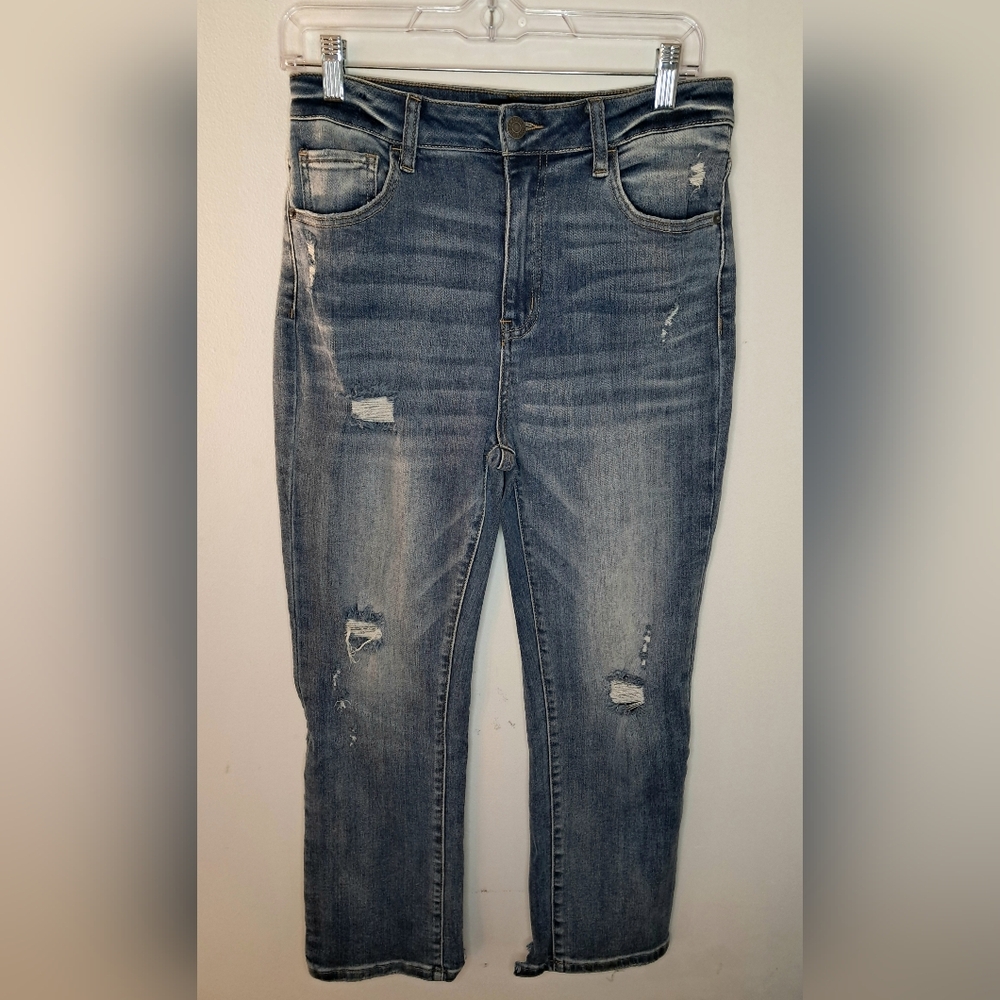 Risen Women's High Rise Distressed Straight Leg Jeans